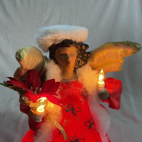 Christmas Dark Skin Angel Tree Topper RED GOLD WINGS LIGHTED African American - Picture 5 of 11